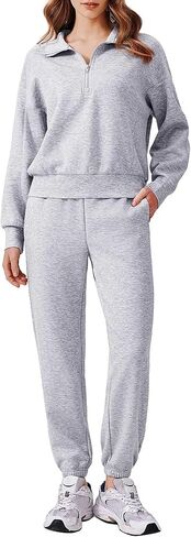 طقم مكون من قطعتين للنساء من PINSPARK ملابس خريف 2024 بدلة رياضية بأكمام طويلة نصف سحاب سويت شيرت ركض رياضي طقم متناسق in Kuwait