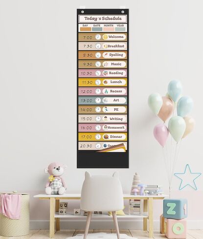 Daily Schedule Pocket Chart for Classroom Must Haves with 24 Double Sided Reusable Cards, Experience Visual Schedule and Feel Back to School Classroom Decorations for Teacher/School Supplies in Saudi Arabia