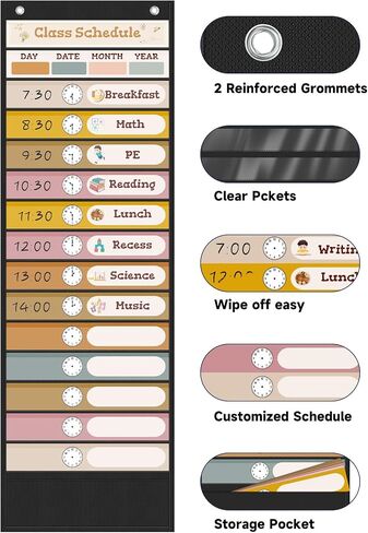 Daily Schedule Pocket Chart for Classroom Must Haves with 24 Double Sided Reusable Cards, Experience Visual Schedule and Feel Back to School Classroom Decorations for Teacher/School Supplies in Saudi Arabia