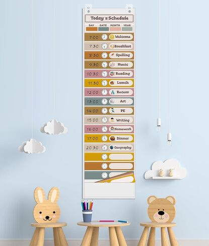 Daily Schedule Pocket Chart for Classroom Must Haves with 24 Double Sided Reusable Cards, Experience Visual Schedule and Feel Back to School Classroom Decorations for Teacher/School Supplies in Saudi Arabia