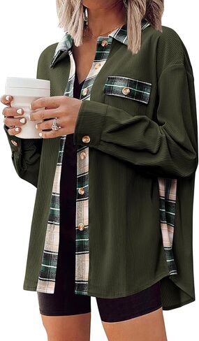 سترة Zeagoo النسائية القصيرة من الفلانيل سترة كاجوال منقوشة بأزرار سفلية وأكمام طويلة وقمصان خريفية مع جيوب in Kuwait