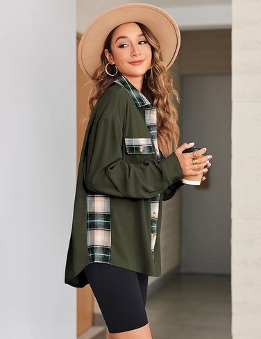 سترة Zeagoo النسائية القصيرة من الفلانيل سترة كاجوال منقوشة بأزرار سفلية وأكمام طويلة وقمصان خريفية مع جيوب in Kuwait