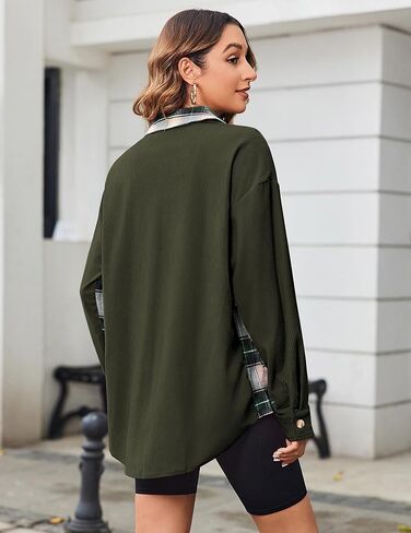 سترة Zeagoo النسائية القصيرة من الفلانيل سترة كاجوال منقوشة بأزرار سفلية وأكمام طويلة وقمصان خريفية مع جيوب in Kuwait