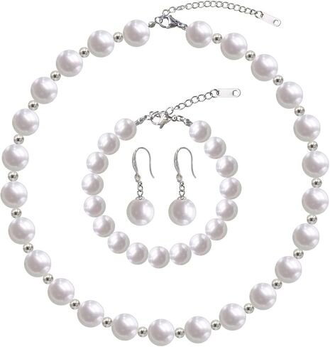 Big Simulated Pearl Jewelry Set for Women Girls, 16mm Pearl Choker Necklace, 14mm Pearl Hoop Drop Earrings, Large White Round Faux Pearl Cubic Zirconia 18k Gold Plated Stainless Steel in Kuwait