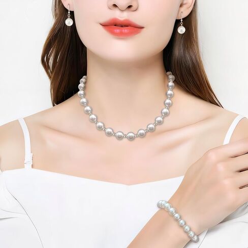 Big Simulated Pearl Jewelry Set for Women Girls, 16mm Pearl Choker Necklace, 14mm Pearl Hoop Drop Earrings, Large White Round Faux Pearl Cubic Zirconia 18k Gold Plated Stainless Steel in Kuwait