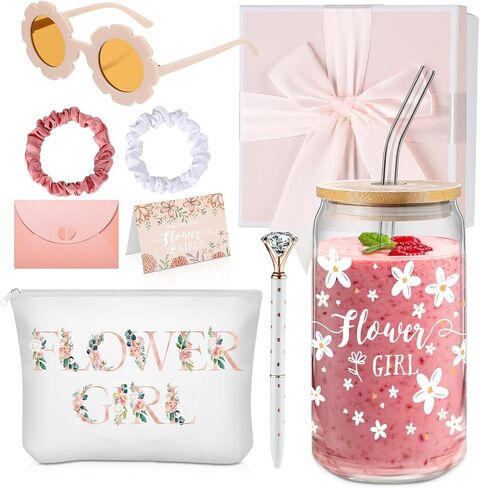 Meanplan 9 Pcs Flower Girl Gift Set Flower Girl Proposal Gifts Flower Girl Ice Coffee Cup Canvas Bag Sunglasses Hair Ring Diamond Pen Card Envelope for Wedding Bridal Engagement (Blush,Cute) in Saudi Arabia