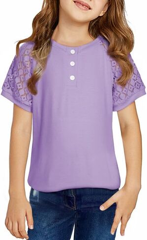 Girls Fashion Lace Short Sleeve Shirts Casual Button Crewneck Blouses Tops 6-15 Years in Saudi Arabia