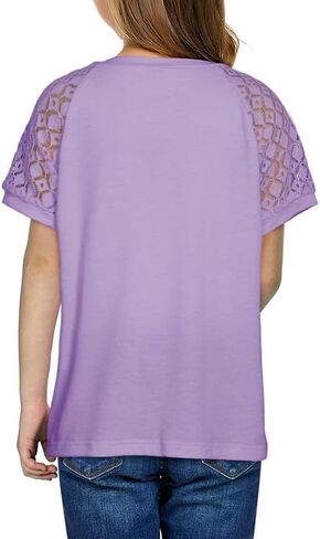 Girls Fashion Lace Short Sleeve Shirts Casual Button Crewneck Blouses Tops 6-15 Years in Saudi Arabia