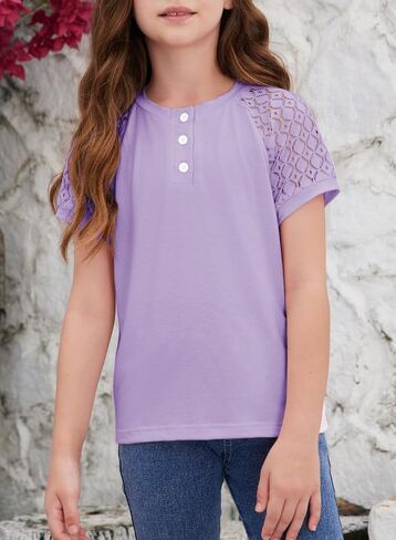 Girls Fashion Lace Short Sleeve Shirts Casual Button Crewneck Blouses Tops 6-15 Years in Saudi Arabia