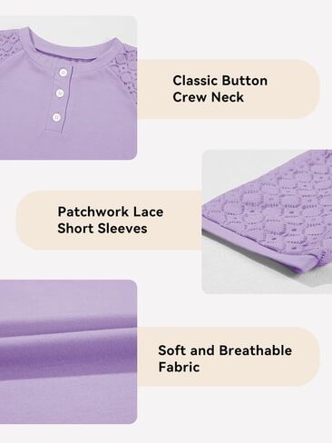 Girls Fashion Lace Short Sleeve Shirts Casual Button Crewneck Blouses Tops 6-15 Years in Saudi Arabia