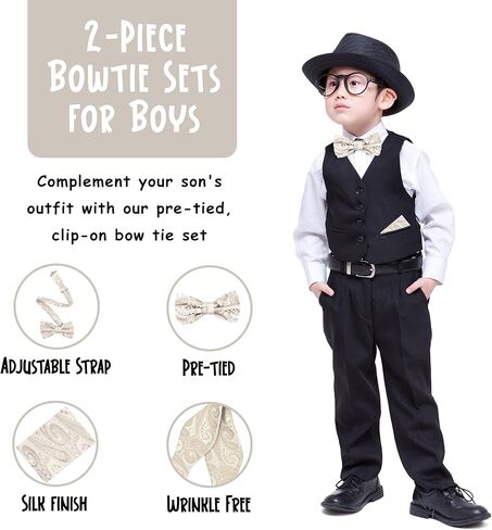 مجموعة منديل ربطات عنق للأطفال الأولاد والبنات بتصميم بيزلي قابل للتعديل ومشبك مربوط مسبقًا in Kuwait