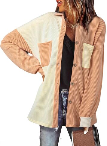 EVALESS Lightweight Jackets for Women Trendy Long Sleeve Button Down Knit Shacket Jacket Fall 2024 Color Block Shirts Clothes in Saudi Arabia