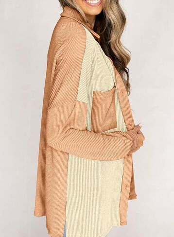 EVALESS Lightweight Jackets for Women Trendy Long Sleeve Button Down Knit Shacket Jacket Fall 2024 Color Block Shirts Clothes in Saudi Arabia