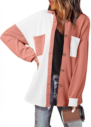 EVALESS Lightweight Jackets for Women Trendy Long Sleeve Button Down Knit Shacket Jacket Fall 2024 Color Block Shirts Clothes in Saudi Arabia