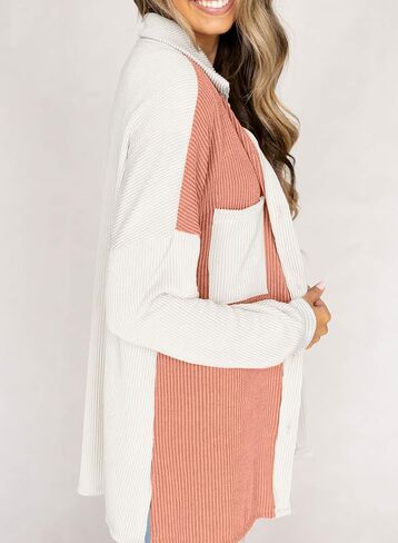 EVALESS Lightweight Jackets for Women Trendy Long Sleeve Button Down Knit Shacket Jacket Fall 2024 Color Block Shirts Clothes in Saudi Arabia