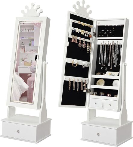 Kids Jewelry Armoire, Child Jewelry Cabinet with Led Light, Freestanding Jewelry Organizer with Full-Length Mirror, 3 Storage Drawers, Kids Vanity Dress Up Mirror Jewelry Cabinet for Girls in Saudi Arabia