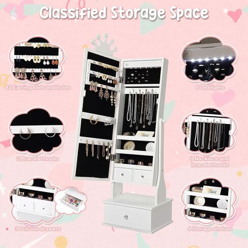 Kids Jewelry Armoire, Child Jewelry Cabinet with Led Light, Freestanding Jewelry Organizer with Full-Length Mirror, 3 Storage Drawers, Kids Vanity Dress Up Mirror Jewelry Cabinet for Girls in Saudi Arabia
