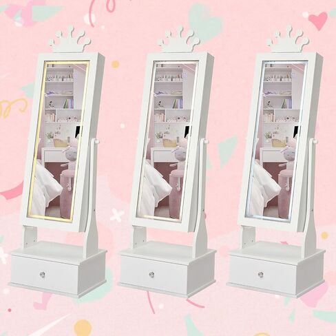 Kids Jewelry Armoire, Child Jewelry Cabinet with Led Light, Freestanding Jewelry Organizer with Full-Length Mirror, 3 Storage Drawers, Kids Vanity Dress Up Mirror Jewelry Cabinet for Girls in Saudi Arabia