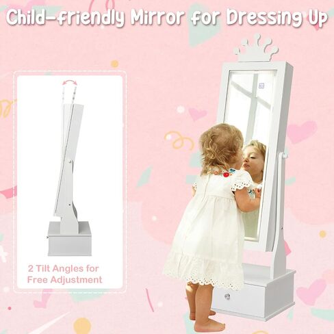 Kids Jewelry Armoire, Child Jewelry Cabinet with Led Light, Freestanding Jewelry Organizer with Full-Length Mirror, 3 Storage Drawers, Kids Vanity Dress Up Mirror Jewelry Cabinet for Girls in Saudi Arabia