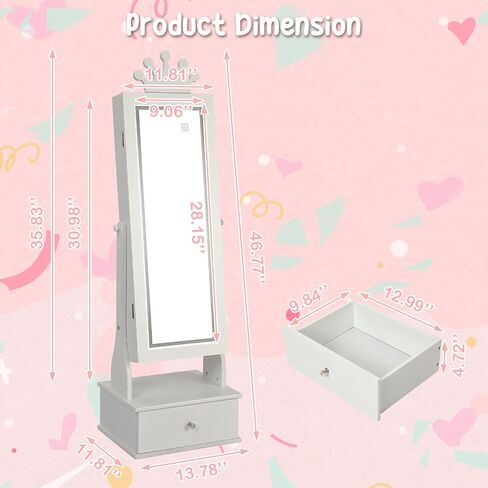 Kids Jewelry Armoire, Child Jewelry Cabinet with Led Light, Freestanding Jewelry Organizer with Full-Length Mirror, 3 Storage Drawers, Kids Vanity Dress Up Mirror Jewelry Cabinet for Girls in Saudi Arabia