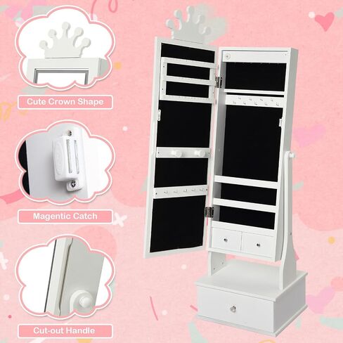 Kids Jewelry Armoire, Child Jewelry Cabinet with Led Light, Freestanding Jewelry Organizer with Full-Length Mirror, 3 Storage Drawers, Kids Vanity Dress Up Mirror Jewelry Cabinet for Girls in Saudi Arabia