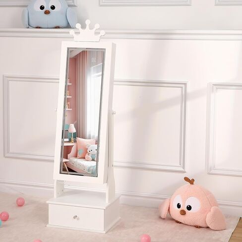 Kids Jewelry Armoire, Child Jewelry Cabinet with Led Light, Freestanding Jewelry Organizer with Full-Length Mirror, 3 Storage Drawers, Kids Vanity Dress Up Mirror Jewelry Cabinet for Girls in Saudi Arabia