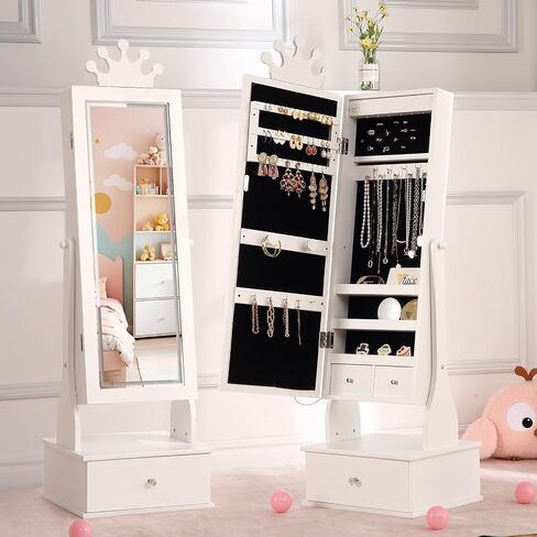 Kids Jewelry Armoire, Child Jewelry Cabinet with Led Light, Freestanding Jewelry Organizer with Full-Length Mirror, 3 Storage Drawers, Kids Vanity Dress Up Mirror Jewelry Cabinet for Girls in Saudi Arabia