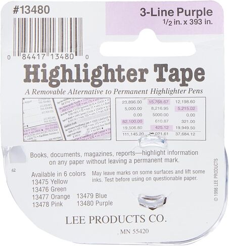 Lee Products Co. Removable Highlighter Tape, 1/2" Wide x 393" Long, With Refillable Dispenser, Purple (13480) in Saudi Arabia