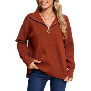 Alsol Lamesa Women's Quarter Zip Collar Pullover Long Sleeve Heart Sweater Side Split Knit Sweaters