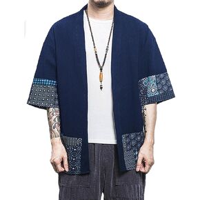 perdontoo Men's Casual Kimono Shirt Light Linen Short Sleeve Open Front Cardigan