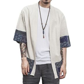 perdontoo Men's Casual Kimono Shirt Light Linen Short Sleeve Open Front Cardigan