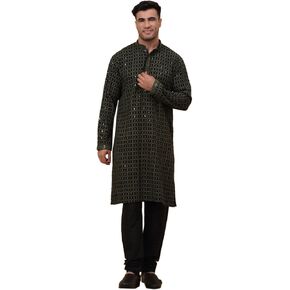 Men's Chikankari Embroidered Sequence Kurta and Black Churidar Set, Ethnic Traditional Wear