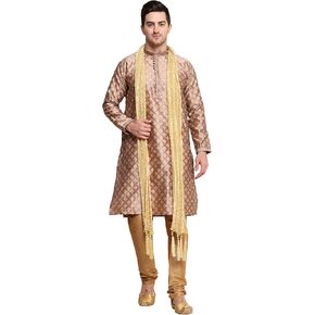 Men's Tunic Art Silk Kurta Pajama Pyjama Dupatta Set with Embroidery Zari Work Indian Clothing Dress Gifts Items