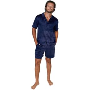 Lunya طقم قصير من الحرير قابل للغسل بأزرار باللون الأزرق الداكن in Kuwait