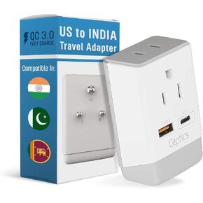 Ceptics India Maldives Power Plug Adapter Travel QC 3.0 & PD, Safe Dual USB & USB-C - 2 USA Socket Compact & Powerful - Use in Pakistan Nepal Sri Lanka - Type D AP-10 - Fast Charging