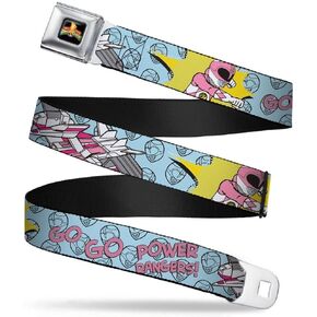 Buckle-Down Seatbelt Belt - Pink Ranger Punch Pose GO GO POWER RANGERS! Baby Blue/Pink - 1.0" Wide - 20-36 Inches in Length