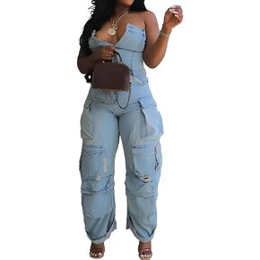 Denim Jumpsuit for Women, Strapless Sexy Tube Wide Leg Baggy Loose Multi Pockets Cargo Overalls Club Outfits
