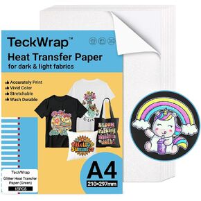 TECKWRAP Printable Heat Transfer Paper for T-Shirts 15 Sheets, 8.3" X 11.7" Printable Heat Transfer Vinyl for Inkjet Printer, Iron on Transfer Paper for Light and Dark Fabric (Matte White)