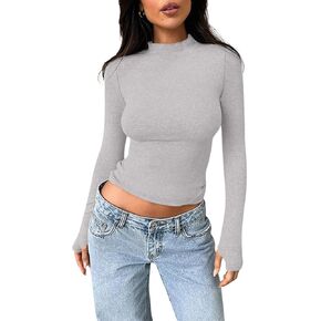 BZB Womens Turtleneck Long Sleeve Shirts 2024 Fall Slim Fit Layer Basic Tops Ribbed Knit Thermal Tees Y2K Clothes