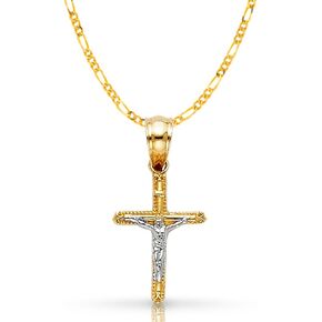 14K Two Tone Gold Jesus Crucifix Cross Pendant with 1.9mm Figaro 3+1 Chain Chain Necklace
