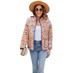 سترة نسائية قصيرة مبطنة بالزهور، معطف منتفخ خفيف الوزن ومفتوح من الأمام ومبطن in Kuwait