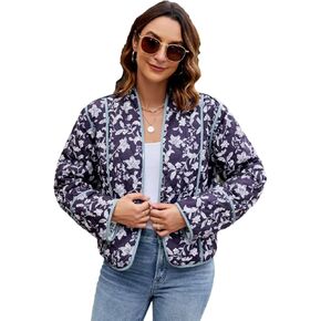 Women's Cropped Floral Quilted Jacket Lightweight Open Front Padded Puffer Coat