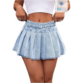 MakeMeChic Women's Pleated Denim Skirt Low Waist Raw Hem A Line Zipper Mini Jean Skirt