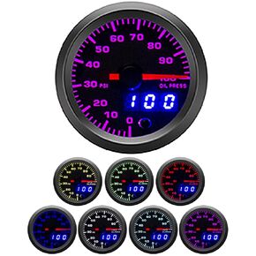 طقم قياس ضغط الزيت 2-1/16 بوصة 52 مم 7 ألوان من 0 إلى 100 رطل لكل بوصة مربعة وقراءات رقمية LED بقرص أسود - عدسة شفافة مناسبة لشاحنات السيارات 12 فولت