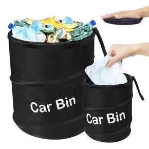 pop-up car trash can, One Big One Small, with a foldable design, Nylon material, easy to clean, reusable in The back seat of cars, family gatherings, camping, etc. (Large black)
