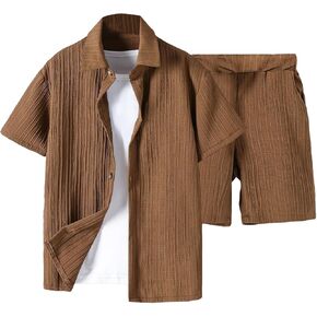 Boy's 2 Piece Solid Textured Short Sleeve Collar Neck Button Front Blouse Shirt Top and Shorts Sets Without T-shirt