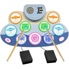 Electronic Drum Set, Roll Up Drum Practice Pad with Headphone Jack Built-in Speaker Digital Touch 7 Labeled Drum Pads 2 Foot Pedals Up to 10H Playing Time, for Kids (Colorful)