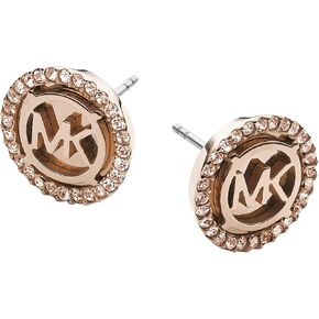Michael Kors Brass and Pavé Crystal MK Logo Stud Earrings for Women, Color: Gold (Model: MKJ7322710)