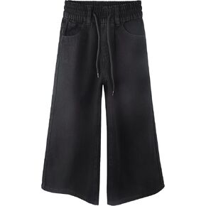 KIDSCOOL SPACE Girls Wide-Leg Denim Pants, 5-14T Loose Elastic Waist with String Flared Jeans Bottoms