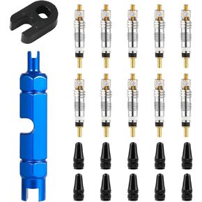 10pcs Valve Core for Presta, Tubeless Valve Core Bike Replacement with 2 Plastic & Alloy Valve Core Remover Dismantle Removal Tools & 10 Valve Core Caps Bicycle Valve Core for Tubeless Road MTB Tires